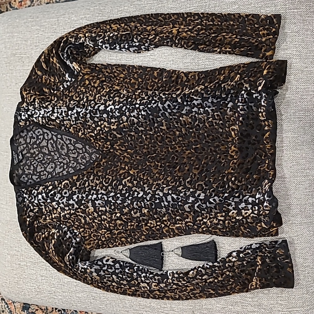 Vintage Karen Kane Black Top Animal Print Leopard Silver Stretch Long Sleeve M